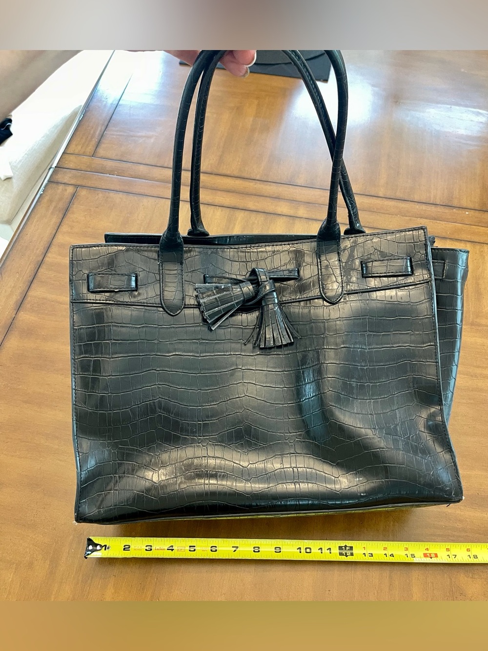 Bueno Black Croc-Embossed Tote with Tassel Accent